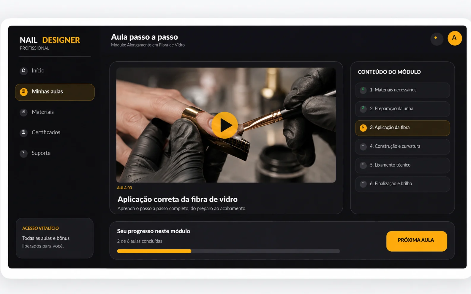 Tela das aulas passo a passo na área de membros