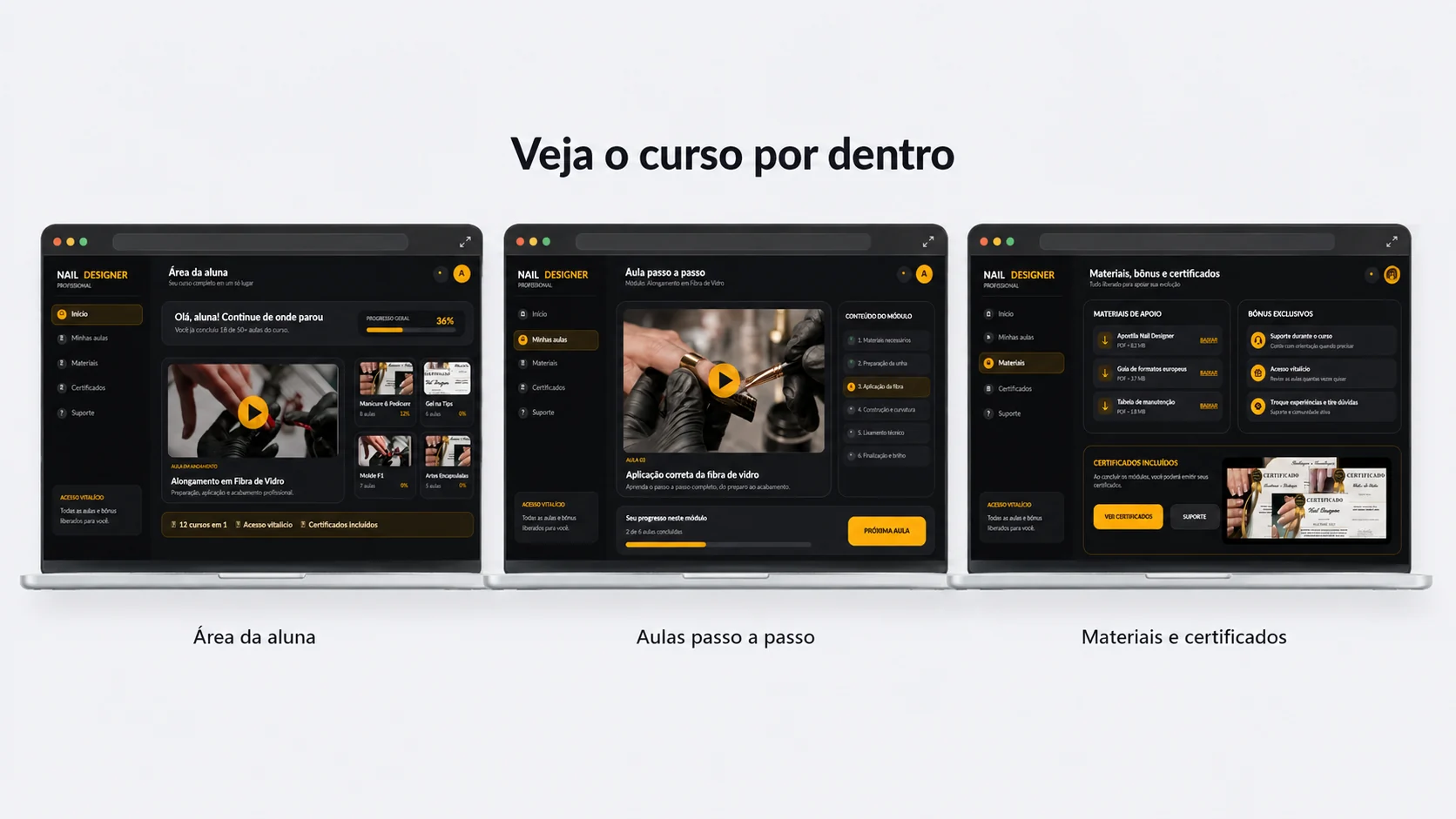 Três telas da área de membros: área da aluna, aulas passo a passo e materiais com certificados
